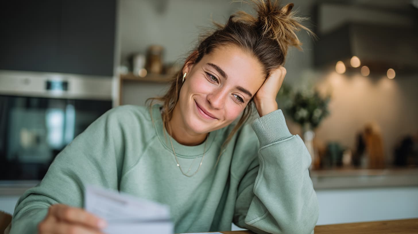 Woman in sage green outfit relieved after conquering UK debt, tearing up credit card statement
