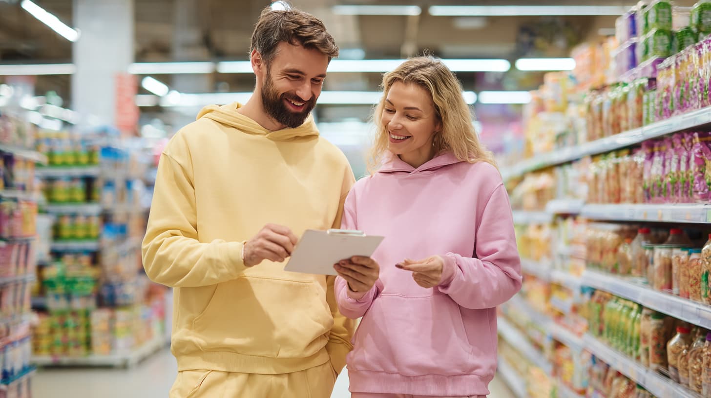Couple in yellow outfits comparing supermarket prices, saving money on UK grocery shopping