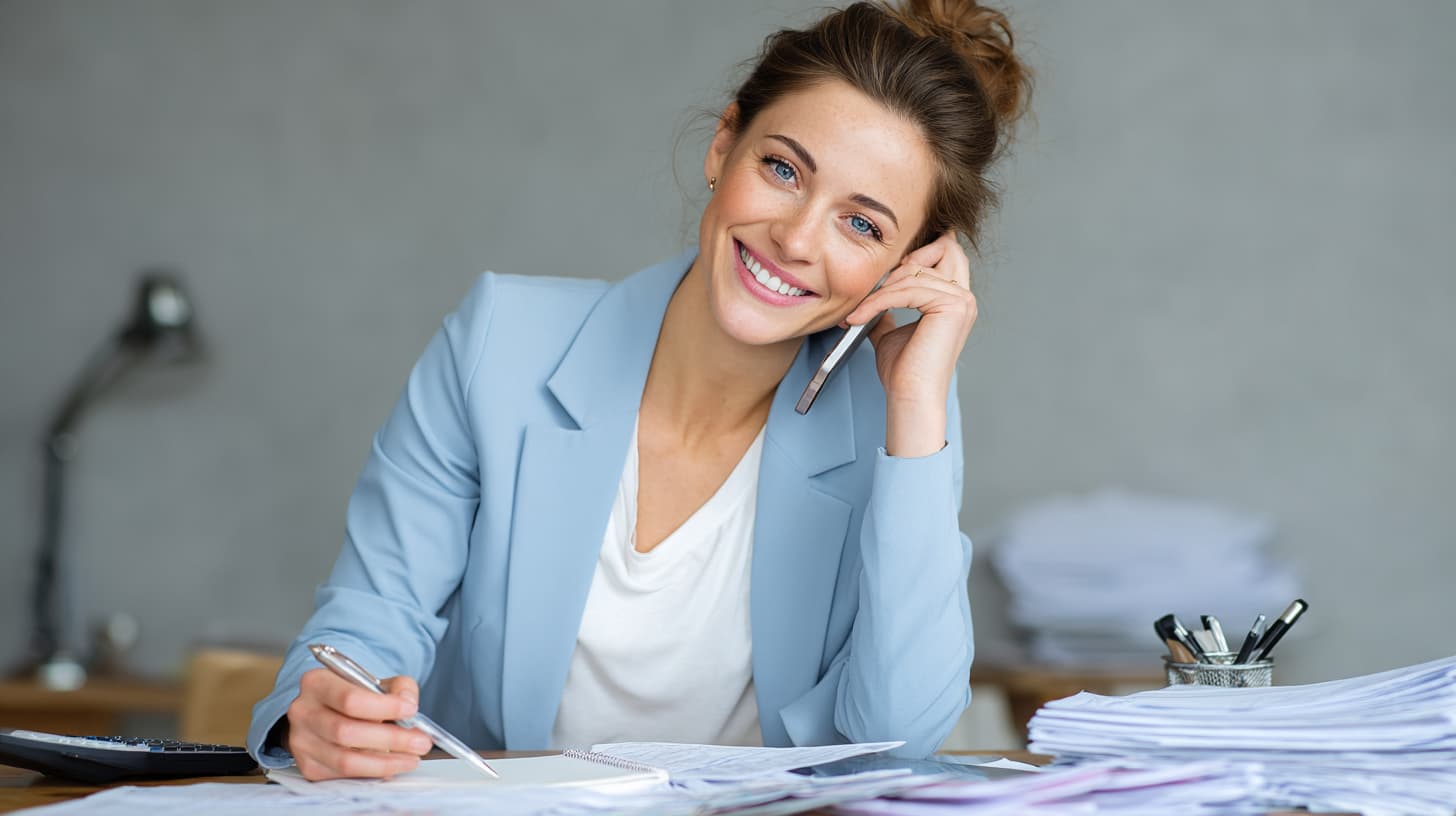 Confident woman in blue blazer negotiating household bills by phone, cutting monthly expenses