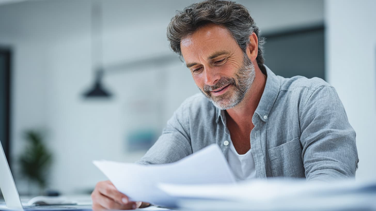 Man in grey shirt reviewing bond investment documents, locking in 4.8% UK savings rate