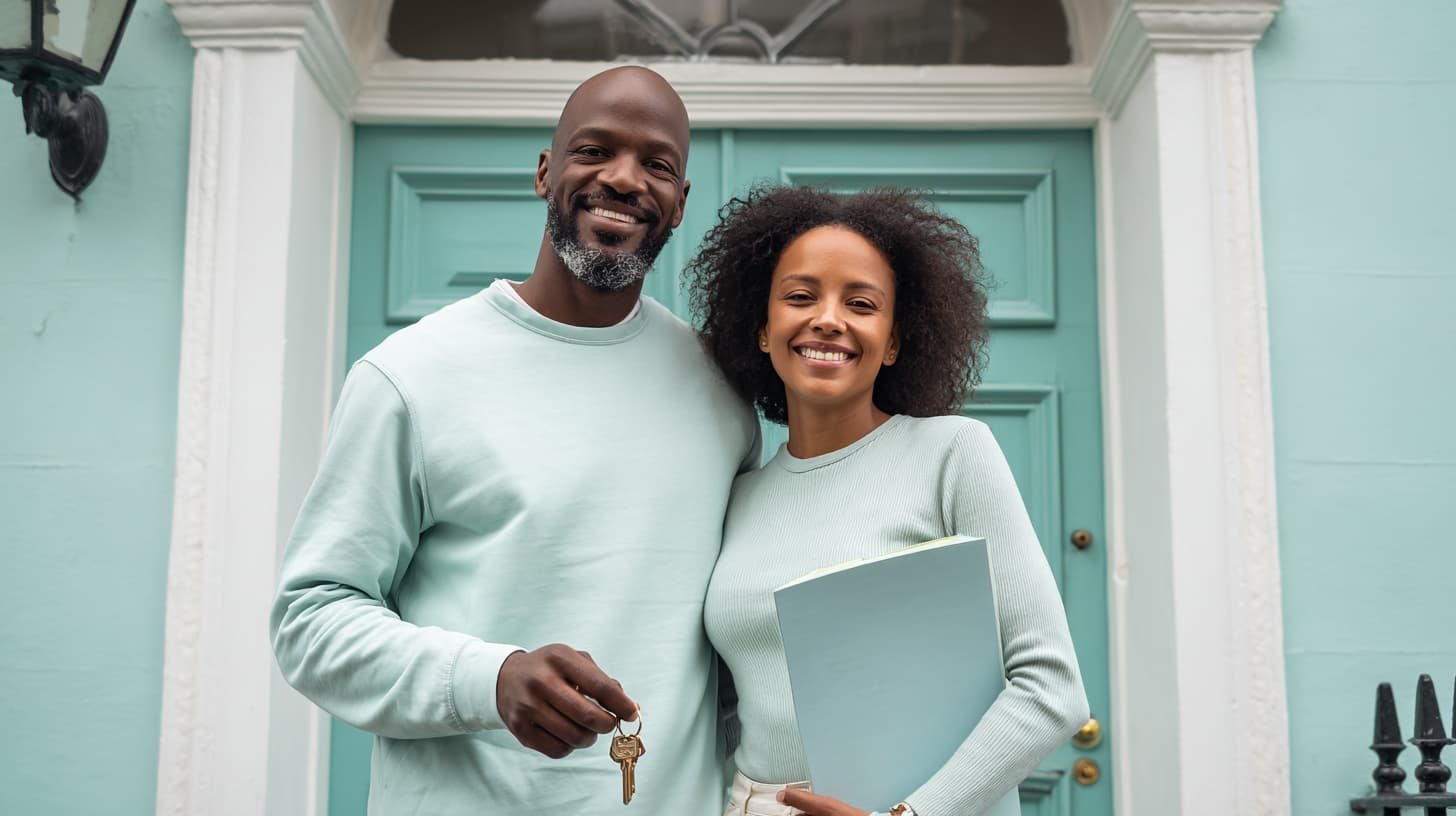 Couple in mint outfits holding house keys and mortgage documents, comparing UK mortgage rates