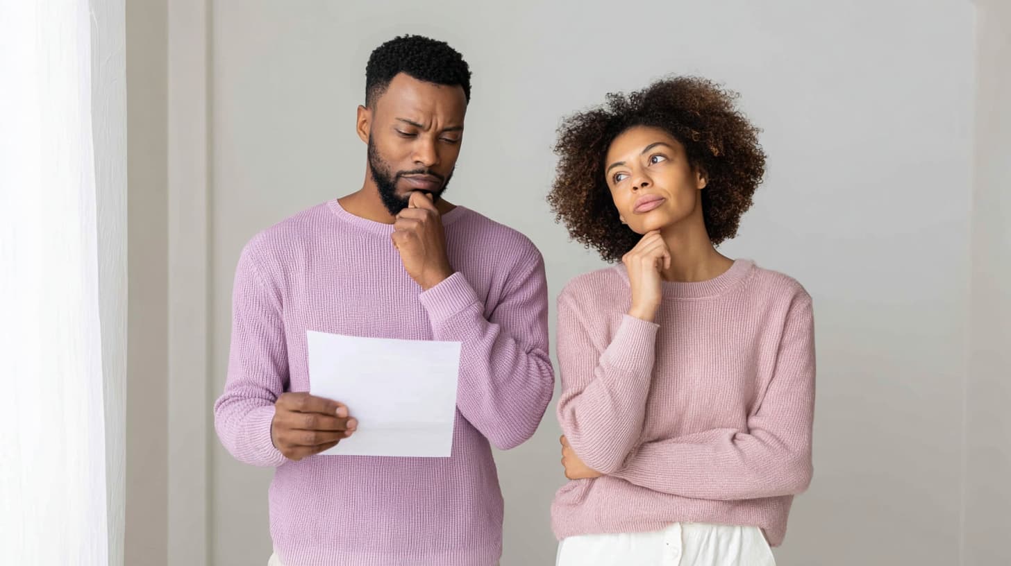 Couple in lilac outfits weighing up renting vs buying a home, holding rental and mortgage documents