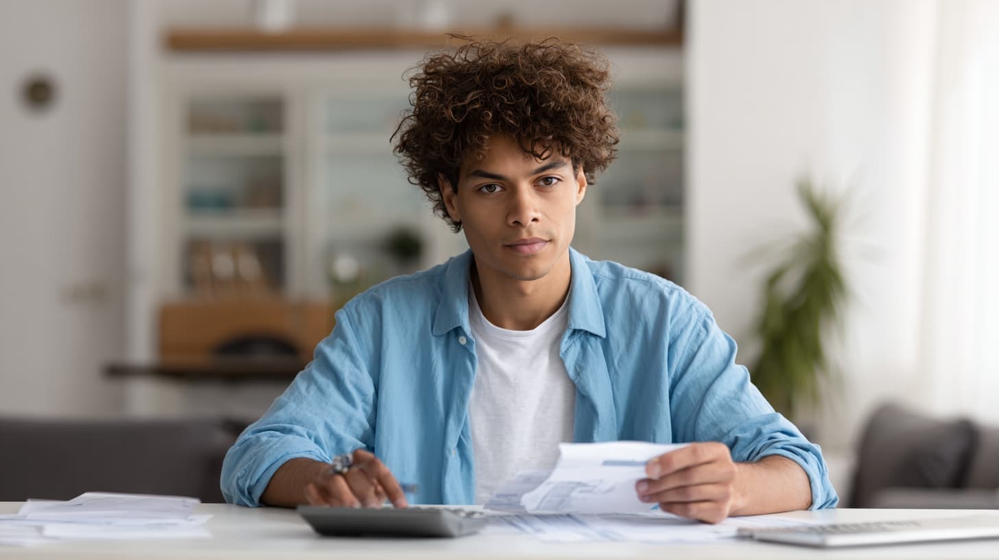 Young man calculating UK student loan repayments at a clean desk with calculator and paperwork
