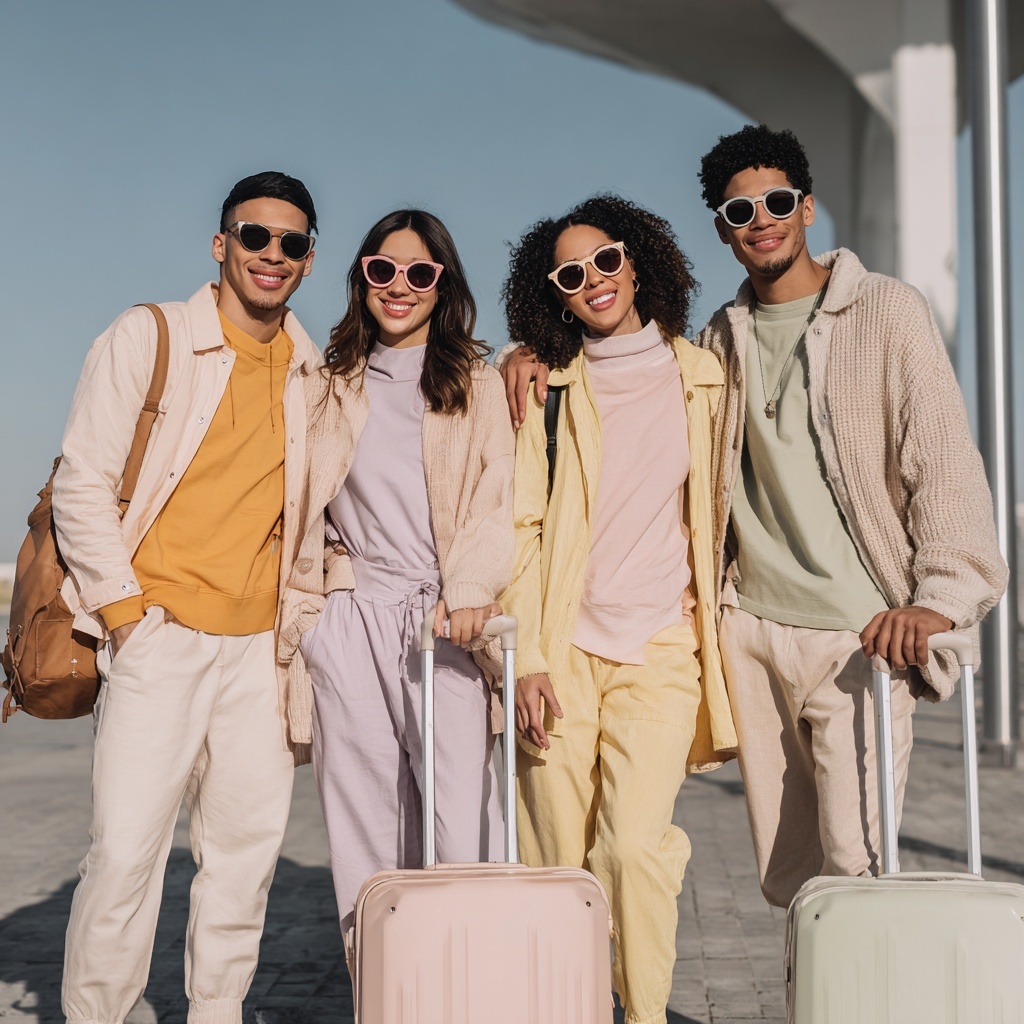 Couple with suitcases at airport celebrating cheap holiday travel deals and UK flight savings