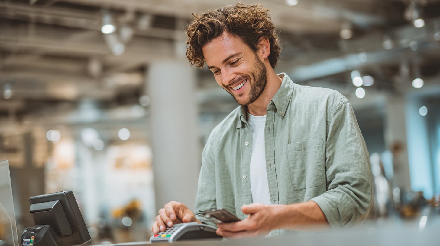 Man in sage green using contactless payment, exploiting UK bank account switching bonuses and hacks