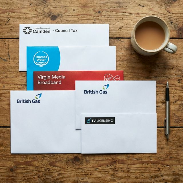 Couple reviewing and reducing UK household bills including energy, broadband and insurance costs